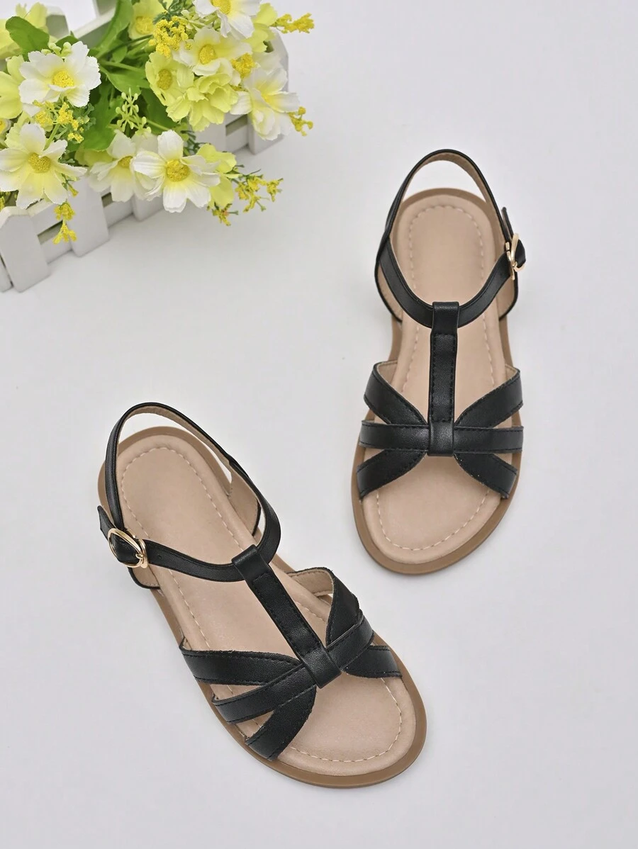 1 par de sandalias planas de estilo T de PU a la moda para niña, cómodas y versátiles, adecuadas para uso diario, bodas, fiestas, estilo bohemio de verano