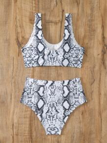 SHEIN Swim Summer Beach Women's Snakeskin Printed Two-Piece Bikini Set - Black and White - View 4