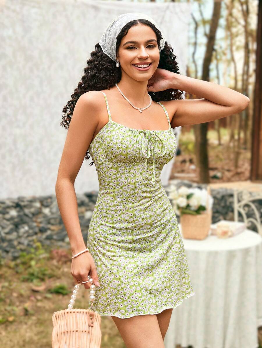 Soleia Hoa In Xếp li Bustier Phong cách Váy Dây - màu xanh lá - Xem 1
