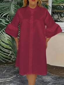 SHEIN Clasi Dress Ukuran Plus Ruffle Tombol Depan Plain Casual - Burgundy - View 4