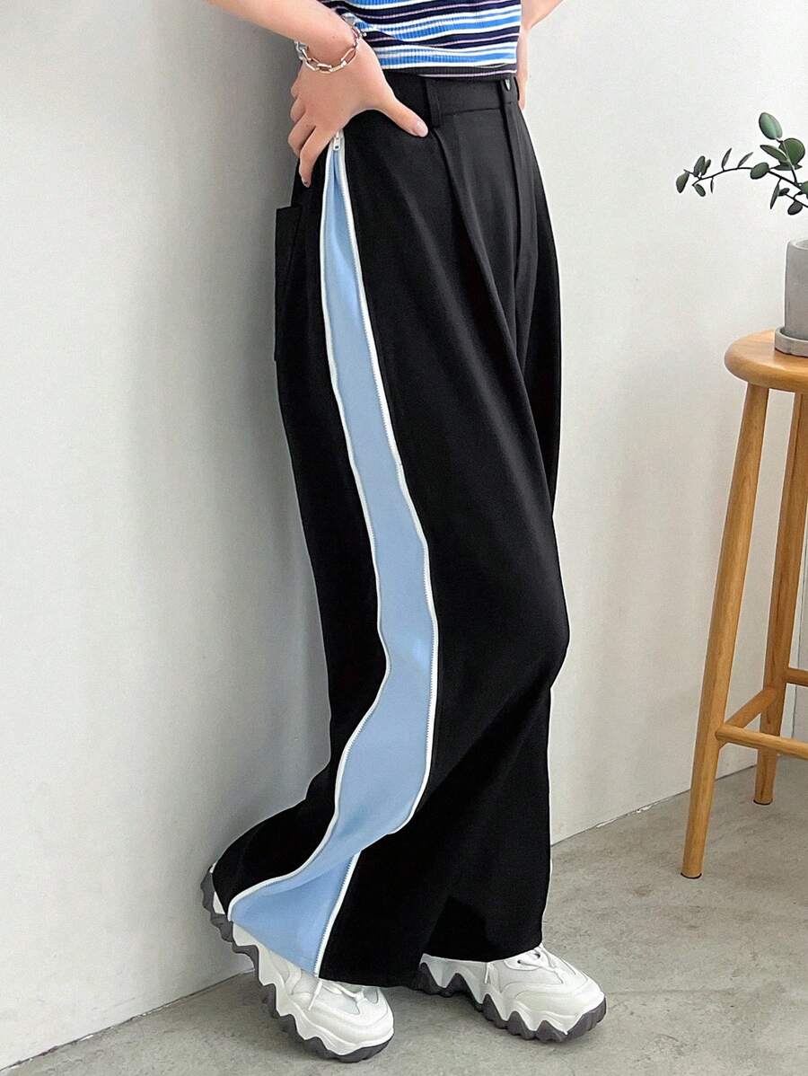 FRIFUL Women's Colorblock Pleated Casual Trousers - Black - View 1