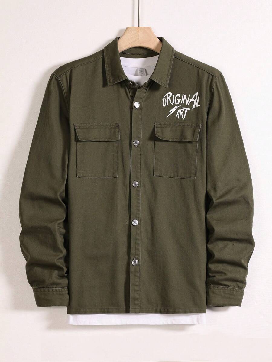 Manfinity Homme Men's Button-Front Denim Shirt With Letter Print, Flap Pockets - Army Green - View 1