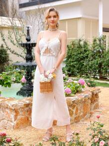 Aveloria Holiday Floral Cutout Textured Fabric Ruffle Trim Waist Belt Split Cami Dress