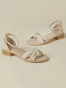 Giày sandal quai ngang gót chunky mùa xuân/thu 2025 dành cho nữ, họa tiết hoa lá phối hợp phong cách bohemian retro, đế xuồng thoải mái, gót thấp, hở mũi, giày casual đi biển, thanh lịch, đa năng, cỡ lớn 41-43. - Màu be - Xem 1