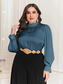 Modelyn Camisa De Talla Grande De Color Sólido Con Cuello Alto Y Mangas De Linterna - Azul - Ver 1