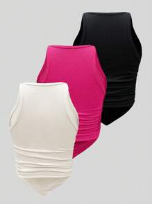 SHEIN ChicEase Solid Color Ribbed Pleated Slim Fit Tank Top With Round Neck - Multicolor - View 2