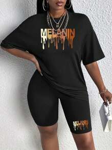 SHEIN Slayr Women's Letter Pattern Drop Shoulder Sleeve T-Shirt And Shorts Set - Black - View 3