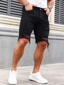 Manfinity LEGND Men Ripped Raw Hem Denim Shorts Jorts Vacation Plain Black Denim Shorts, For Husband, Boyfriend Gifts - Black - View 6