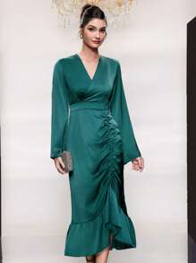 Modelyn Ladies' V-Neck Flared Sleeve Ruffle & Fish Tail Hem Dress Long Evening Dresses - Dark Green - View 3