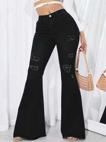 SHEIN SXY Ripped Raw Trim Flare Leg Jeans - Black - View 5