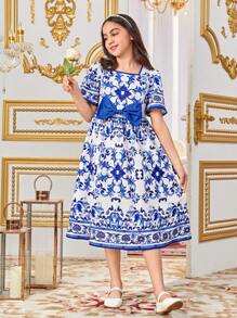 SHEIN Rochie pentru fete Tween, cu formă relaxată, cu imprimeu geometric, lejer, cu gât pătrat