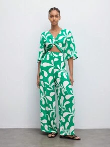 Maija Women's Printed Twist Knot Back Hollow Out Wide Leg Jumpsuit - Green - View 8