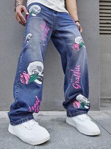 Manfinity Roghcode Men Skull And Floral Print Wide Leg Jeans - Medium Wash - View 8
