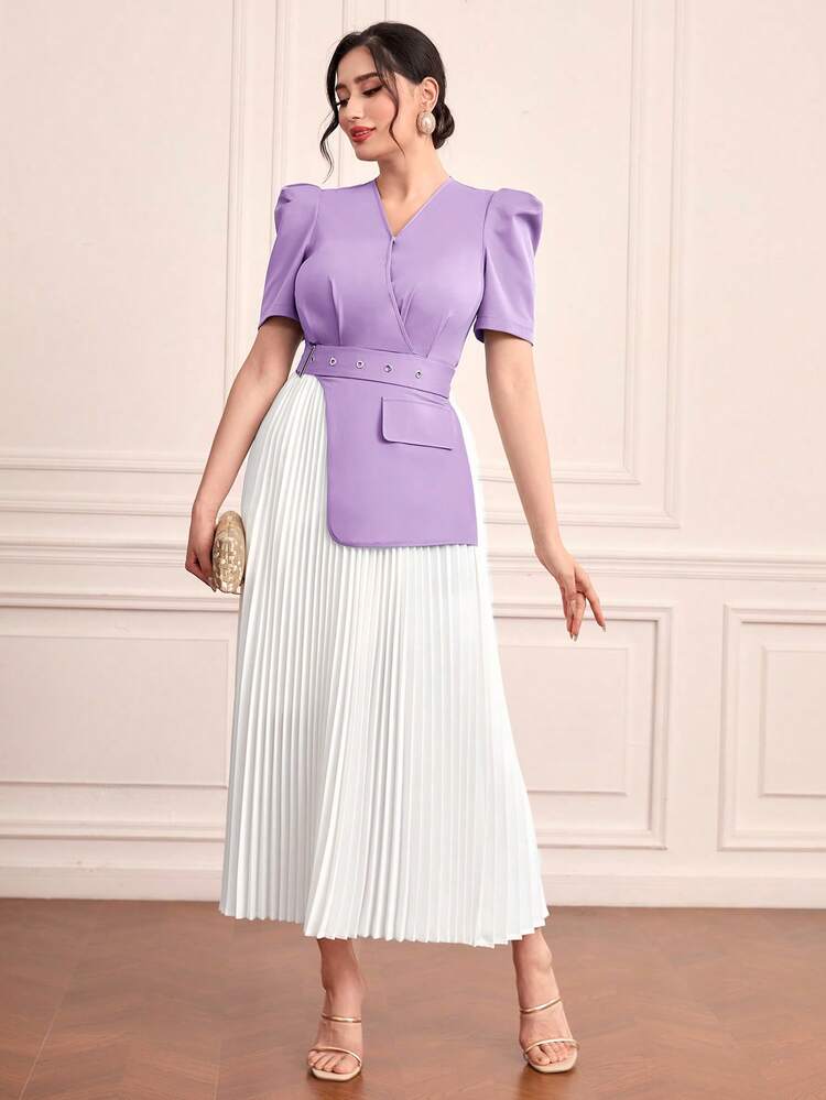 Women's Color Block Puff Sleeve Pleated Dress Long Evening Dresses