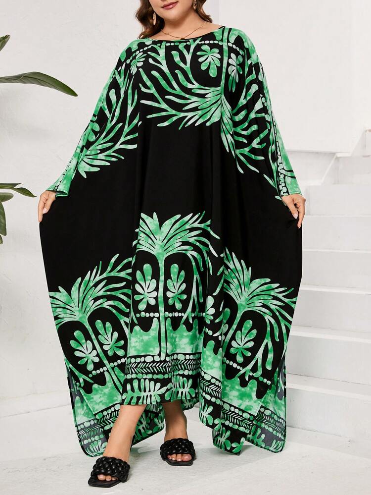 Women'S Plus Size Summer Batwing Sleeve Printed Maxi Kaftan Dress