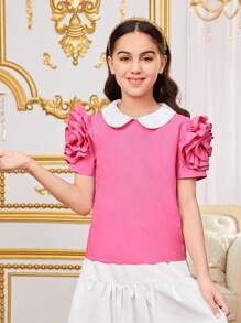 SHEIN Cămașă 3d cu flori 3d pentru fete Tween, lejeră, cu petice, cu design contrastant