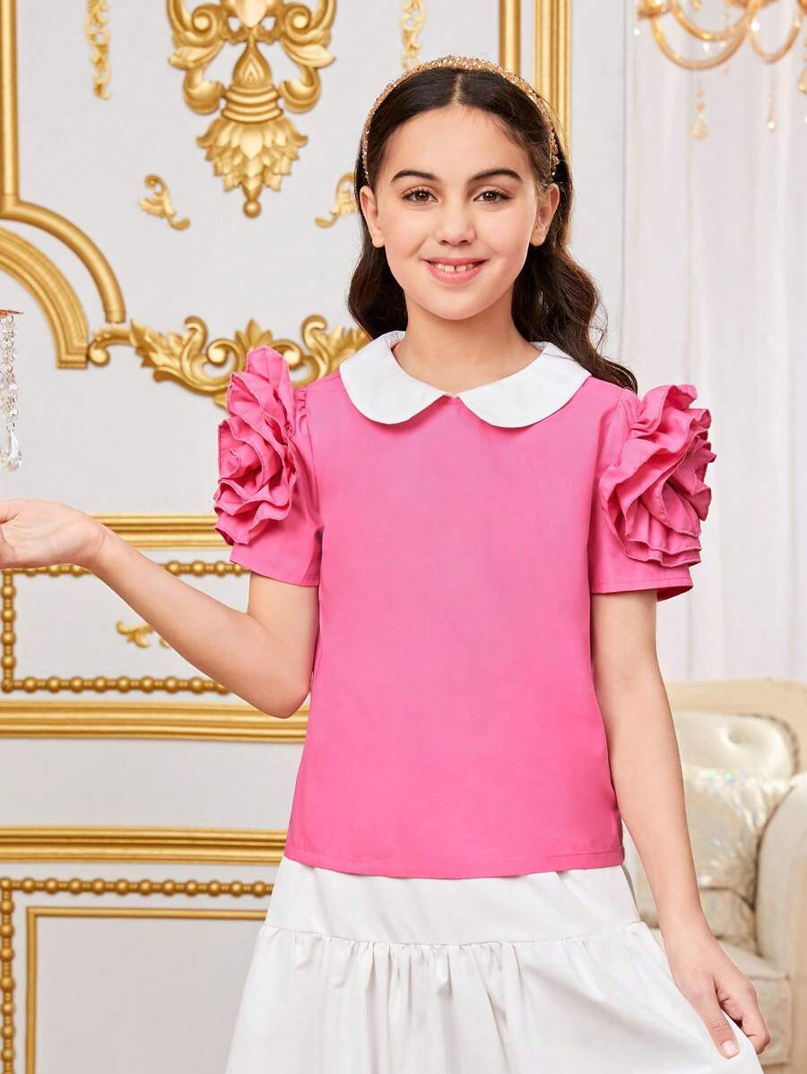 SHEIN Cămașă 3d cu flori 3d pentru fete Tween, lejeră, cu petice, cu design contrastant