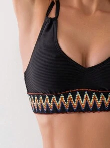 SHEIN Swim 女士两件式拼接比基尼套装，带波浪编织带细节，夏季海滩 - 黑色 - 查看 3