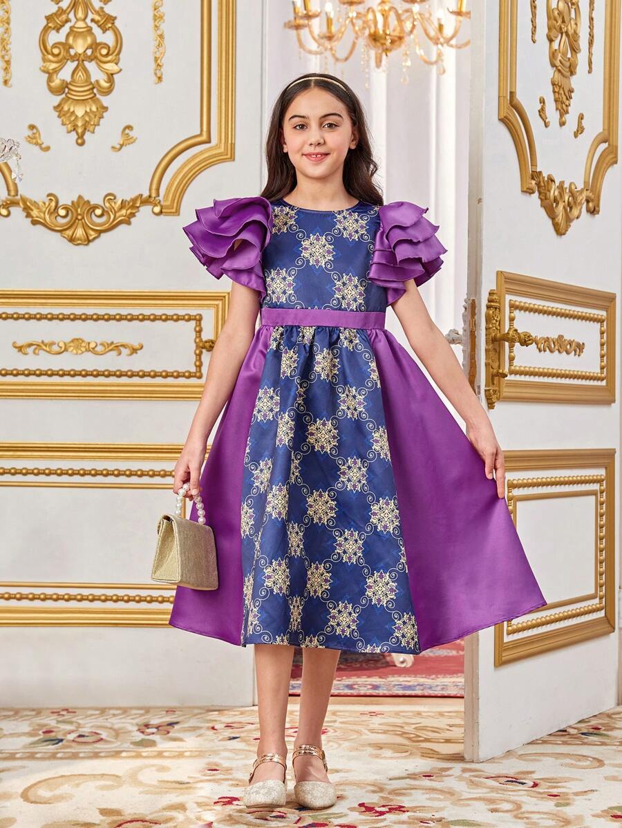 SHEIN Tween Girls' Cute Cap Sleeves Dress With Fabric Patchwork