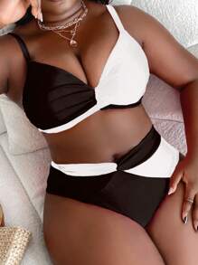 SHEIN Swim Curve Summer Beach Plus Size Women's Ruched Color Block Bikini Set