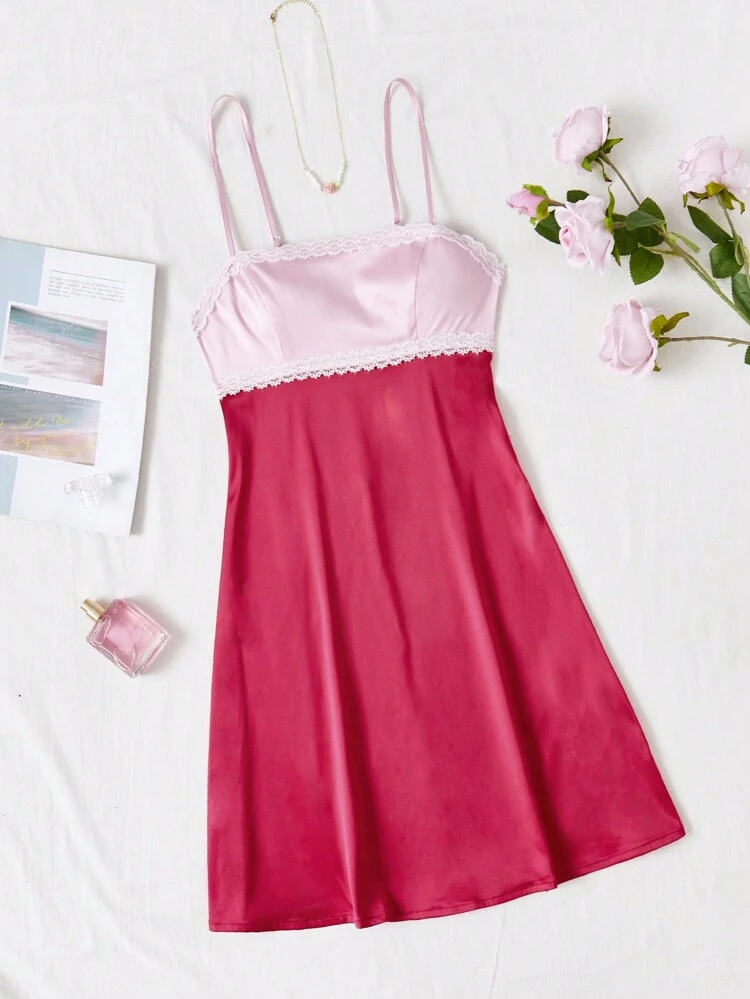 Satin Lace Splicing Contrast Color Backless Cami Dress