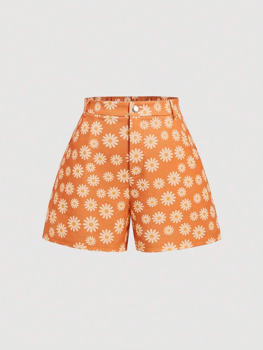 SHEIN MOD Giống cúc In Kích thước lớn Của phụ nữ Quần short - trái cam - Xem 1