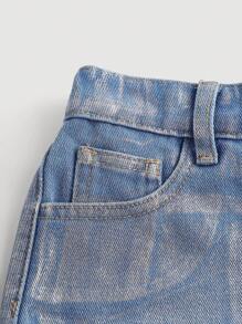 SHEIN Tween Girl Y2K Spring Summer Silver Metallic Washed Baggy Denim Short, Concert Festival - Medium Wash - View 4