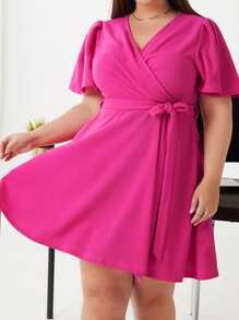 BizChic Màu thuần Kích thước lớn Cổ chữ V Đầm - Màu Hồng Tươi - Xem 8