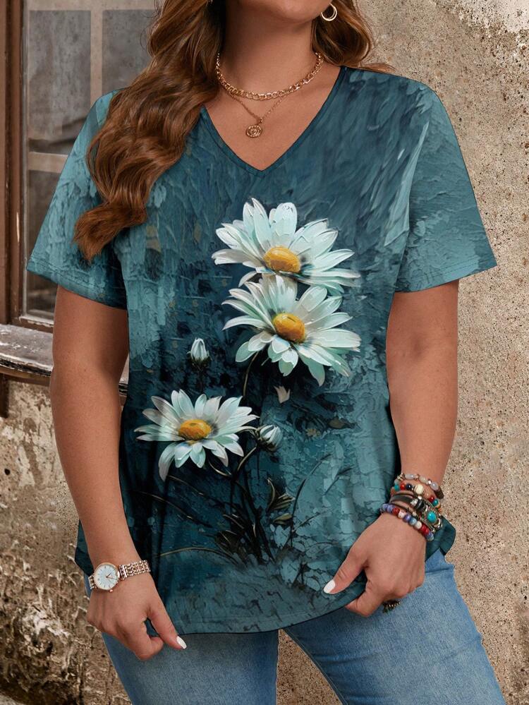 Women's Plus Size Daisy Patterned One-Piece Short Sleeve T-Shirt For Summer,Spring/Vacation