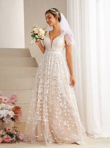 SHEIN Belle V-Neck Lace Floral Embroidery Dress - White - View 1