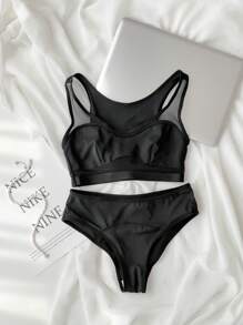 Set de lencería para mujer con sostén y panty de malla de contraste