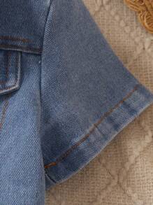 SHEIN Young Girl Solid Texture Strap Dress And Button-Front Denim Jacket