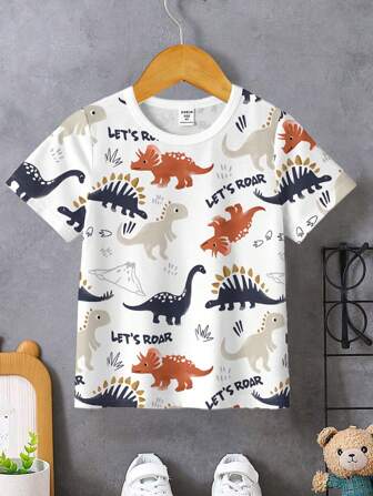 SHEIN Young Boy Casual And Simple Dinosaur Pattern Short Sleeve Round Neck T-Shirt, Suitable For Summer