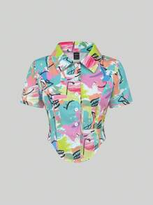 SHEIN Unity Asymmetric Hem Short Sleeve Shirt With Random Pattern,Short Sleeve Tops - Multicolor - View 1
