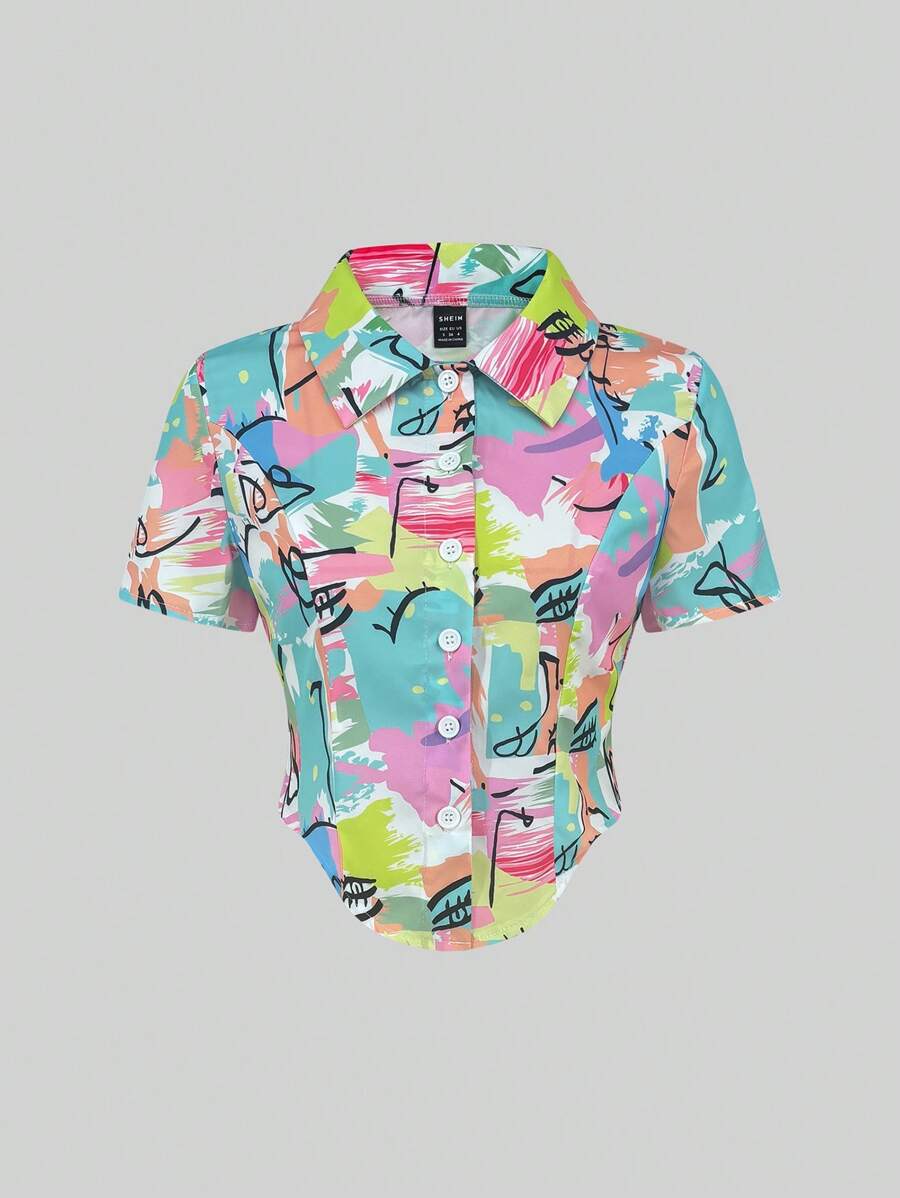 SHEIN Unity Asymmetric Hem Short Sleeve Shirt With Random Pattern,Short Sleeve Tops - Multicolor - View 1