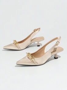 Của phụ nữ Thanh lịch Màu be Xa ten Cao gót Với dây chuyền Trang trí Pointed Toe , Dây đeo mắt cá chân Và Hình con mèo Gót chân Cúp , Thích hợp Đối với Cuộc sống hàng ngày , Ngày đêm , Mua sắm , Buổi tiệc In Mùa Xuân Và Mùa hè - Màu be - Xem 4