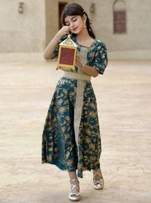 Tween Girl Metallic Gold Floral Pattern Belted Dress - Dark Green - View 1