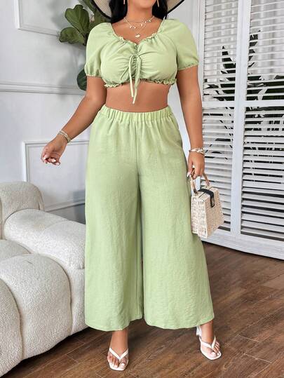 Plus Size Solid Color Short Sleeve Top With Frill Trim And High Waisted Wide Leg Pants, 2pcs/Set For Summer