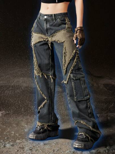 ROMWE Grunge Punk Star Pattern Raw Trim Flap Pocket Cargo Boy Friend Jeans, School