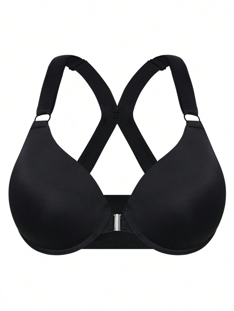 حمالة صدر بقفل أمامي بسلك لأحجام كبيرة بلون صلب - الأسود - مشاهدة 1