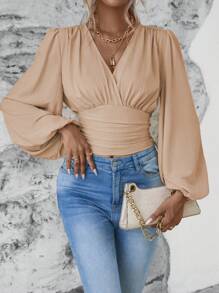 SHEIN Clasi Bluzka damska z dekoltem w serek i rękawami w kształcie latarni, z zakładkami, w jednolitym kolorze, z długim rękawem - Kolor khaki - Zobacz 7