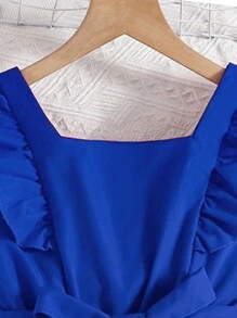 SHEIN Conjunto de 2 piezas con top de cuello cuadrado con ribete de volantes y pantalones para niña preadolescente - Azul - Ver 3
