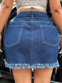 SHEIN BAE Denim Skirt With Fringe Hem, Star Pattern Rhinestone Decorated - Blue - View 2