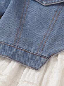 SHEIN Young Girl Solid Texture Strap Dress And Button-Front Denim Jacket