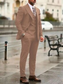 Manfinity Mode Màu thuần Nam Cổ chữ V Nút phía trước Áo vest Và Quần Bộ đồ - Lạc đà - Xem 4