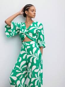 Maija Women's Printed Twist Knot Back Hollow Out Wide Leg Jumpsuit - Green - View 5