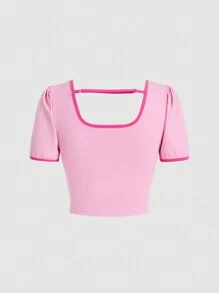 SHEIN MOD 女式短袖 T 恤，带小褶皱、蕾丝花边和泡泡袖 - 粉色 - 查看 2