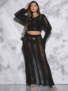 SHEIN BAE Plus Size Cropped Sweater With See-Through Holes, Open Back, Tied Straps And Flared Sleeves - Black - View 4