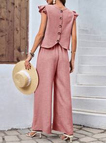 SHEIN LUNE Bộ đồ hai mảnh áo tay lửng cổ tròn màu trơn và quần dài cho nữ - Hồng - Xem 2