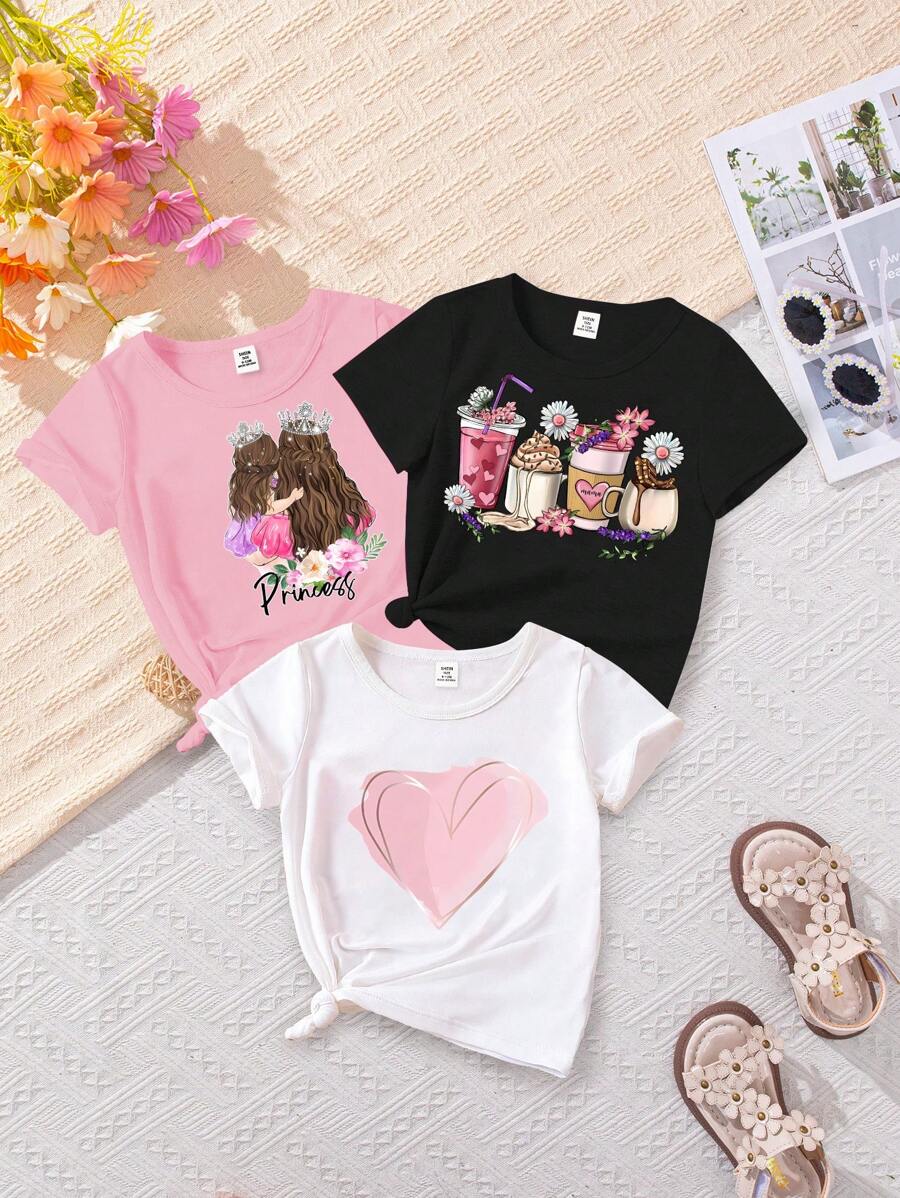 3pcs Baby Girl Cute Printed Tops, Casual And Versatile, Suitable For Spring/Summer Outings - Multicolor - View 1